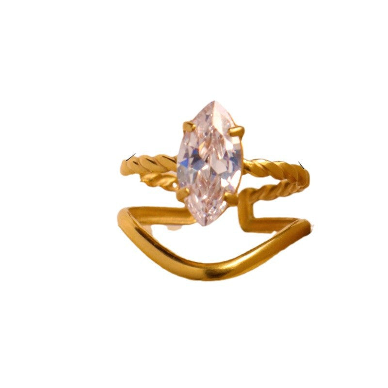 Gold Vine Twist Zircon Ring – Retro Titanium Steel Statement Ring for Women