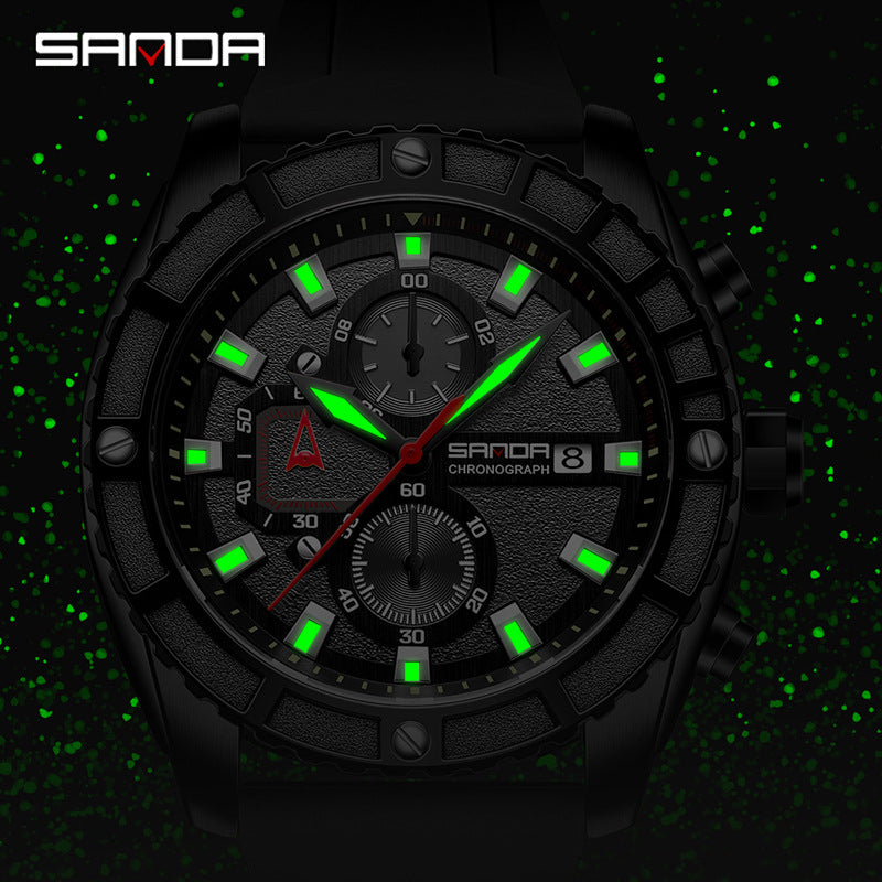 SANDA Luminous Men’s Quartz Watch – Waterproof Silicone Strap Chronograph with Calendar