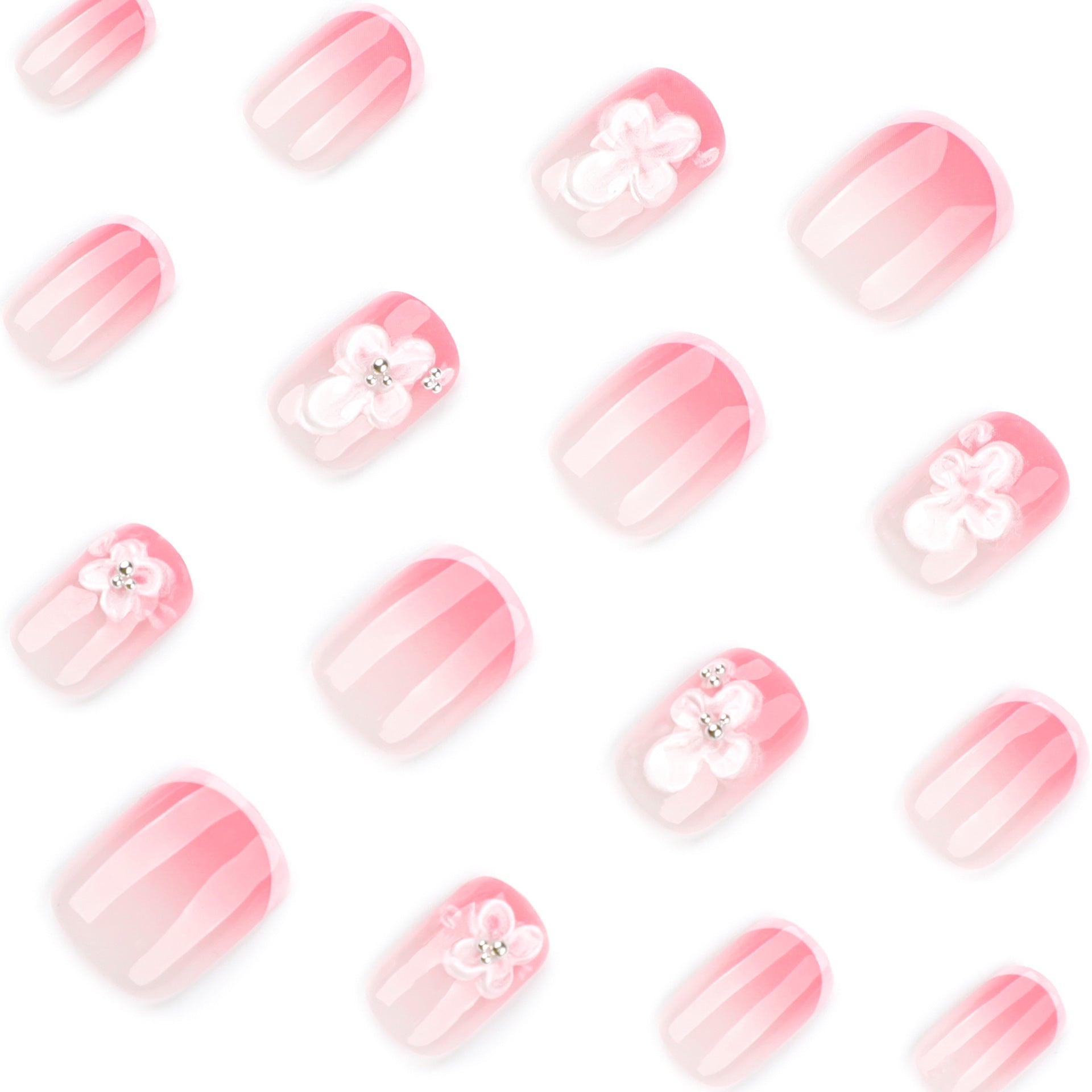 Elegant Nude Pink 3D Floral Press-On Nails – French Tip, Square Glue-On False Nails