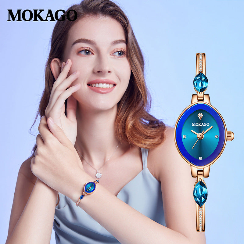 Mokago Luxury Women’s Crystal Bracelet Watch – Waterproof, Slim Oval Dial Timepiece