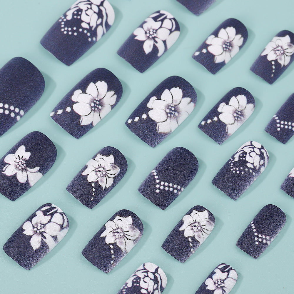 Black Press-On Nails with White 3D Floral & Rhinestone Design – Long Square Acrylic