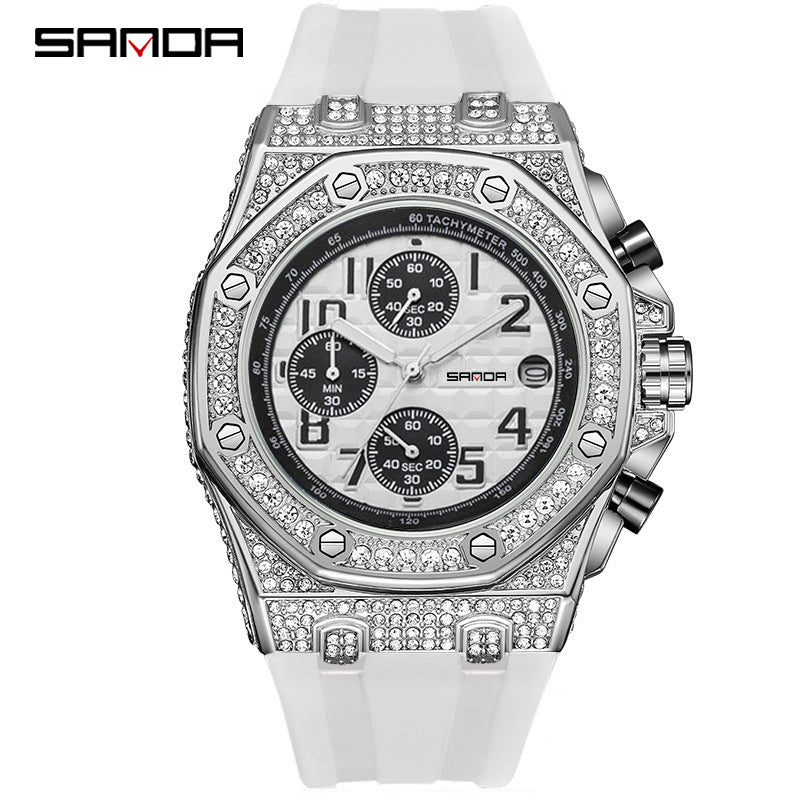 SANDA Men’s Diamond Dial Quartz Watch – Waterproof Silicone Strap Wristwatch