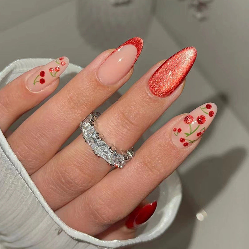 Cherry Red Cat Eye False Nails – Almond Shape, Wearable French Tips