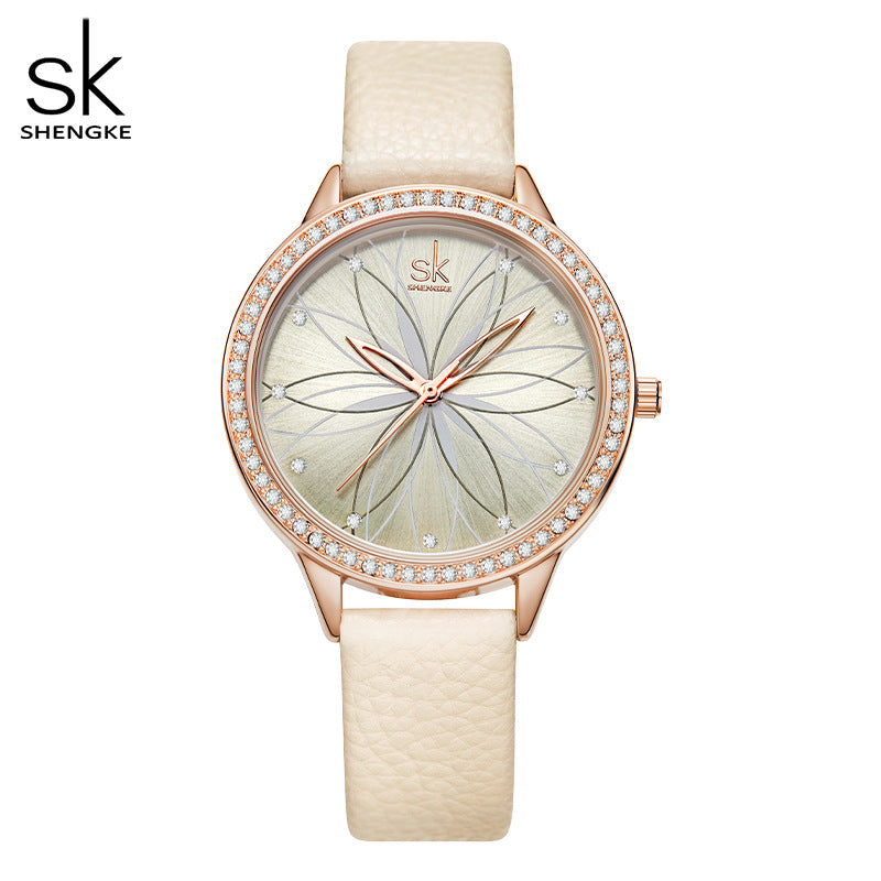 SK Fashion Women’s Quartz Watch – 30M Waterproof PU Strap, Sun Pattern Dial