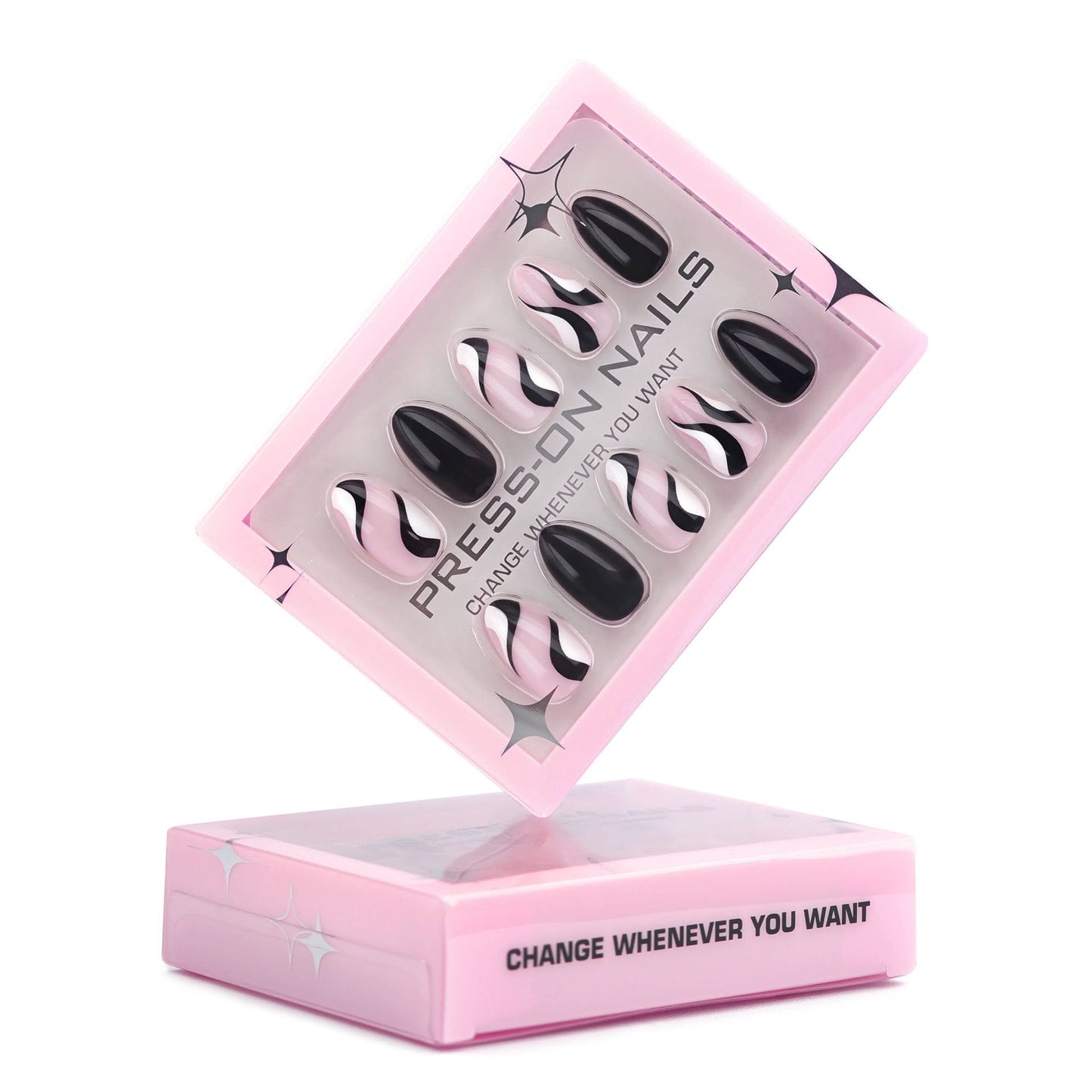 Almond Press-On Nails – Abstract Swirl Design, Short, Reusable False Nail Set