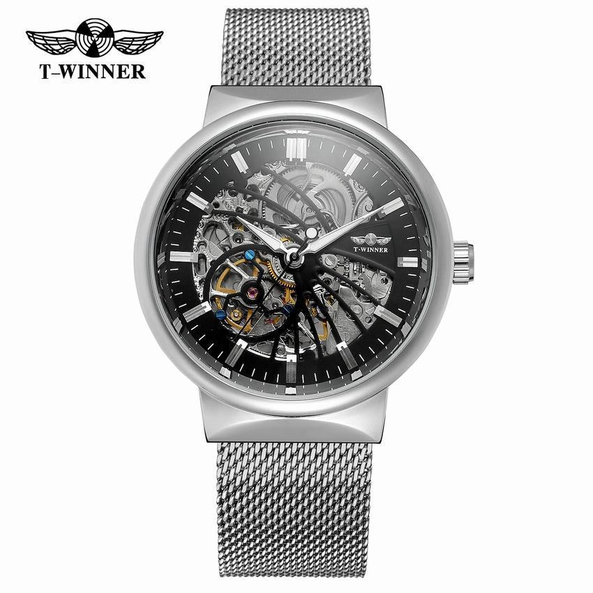 T-WINNER Automatic Mechanical Watch for Men – Mesh Strap, Waterproof Skeleton Design