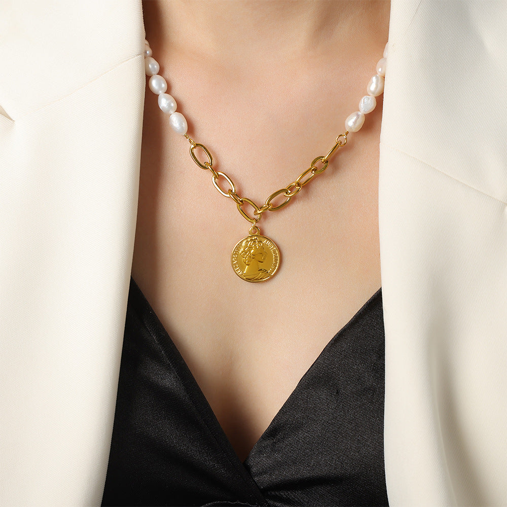 Gold Vintage Pearl Necklace with Freshwater Pearl Pendant – Titanium Steel Jewelry