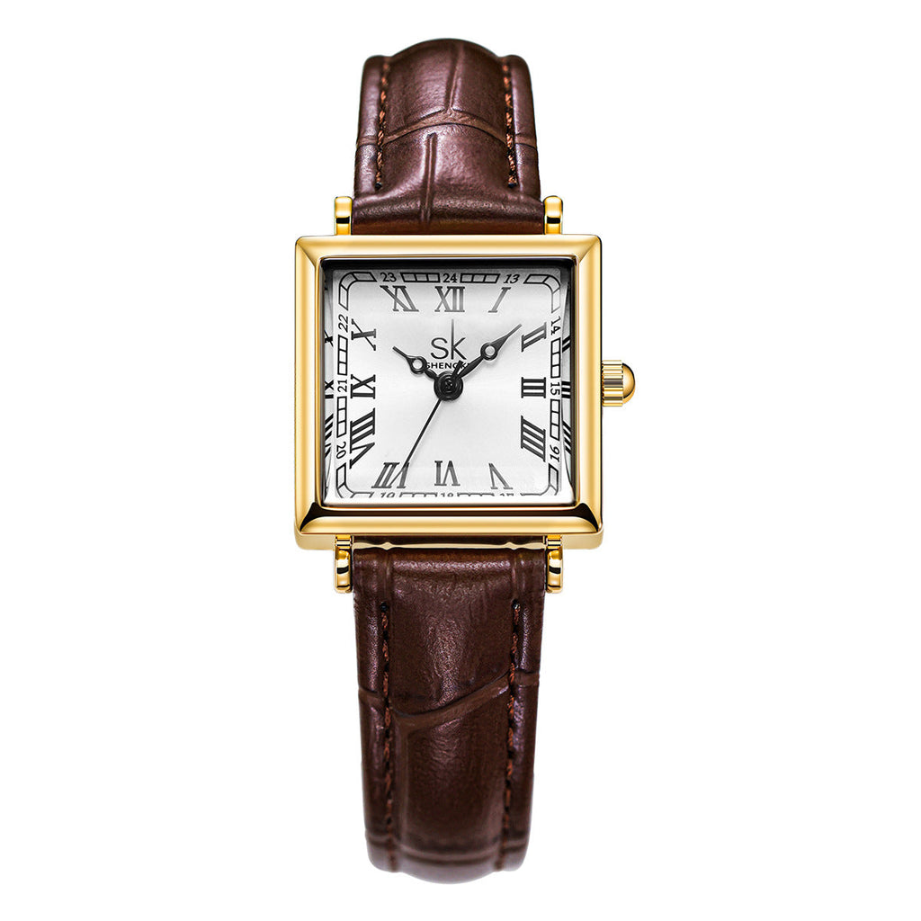SK Women’s Square Quartz Watch – Classic Leather Strap, 30M Waterproof Fashion Watch