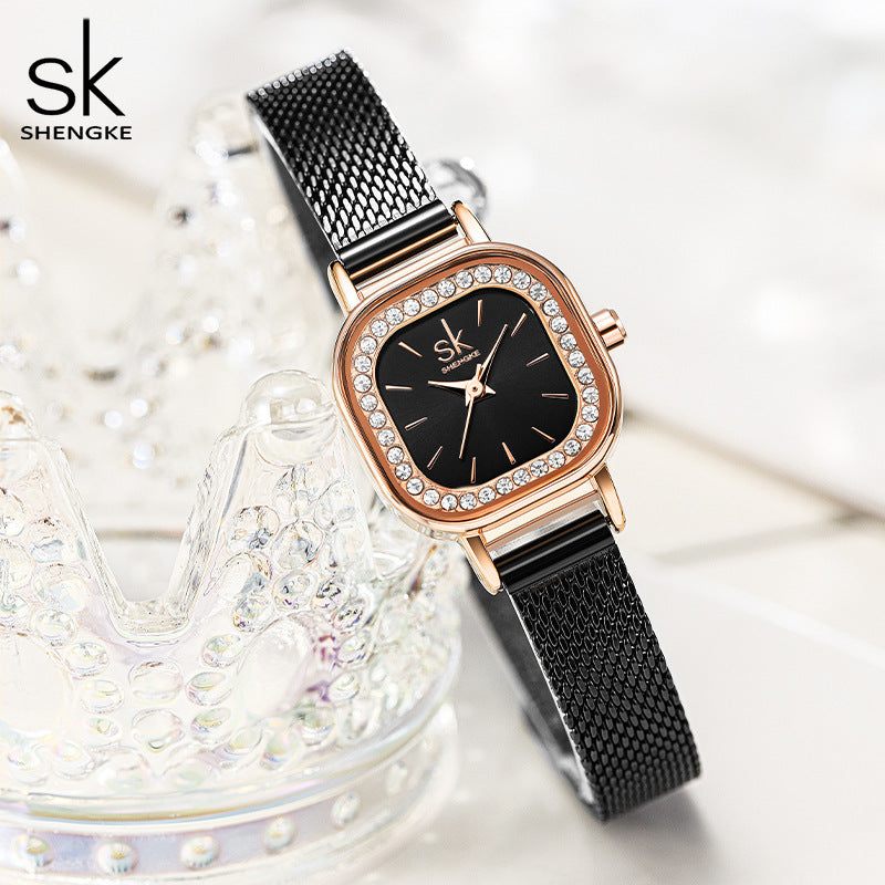 SK Women’s Diamond Quartz Watch – Square Dial, Waterproof Mesh Strap Timepiece