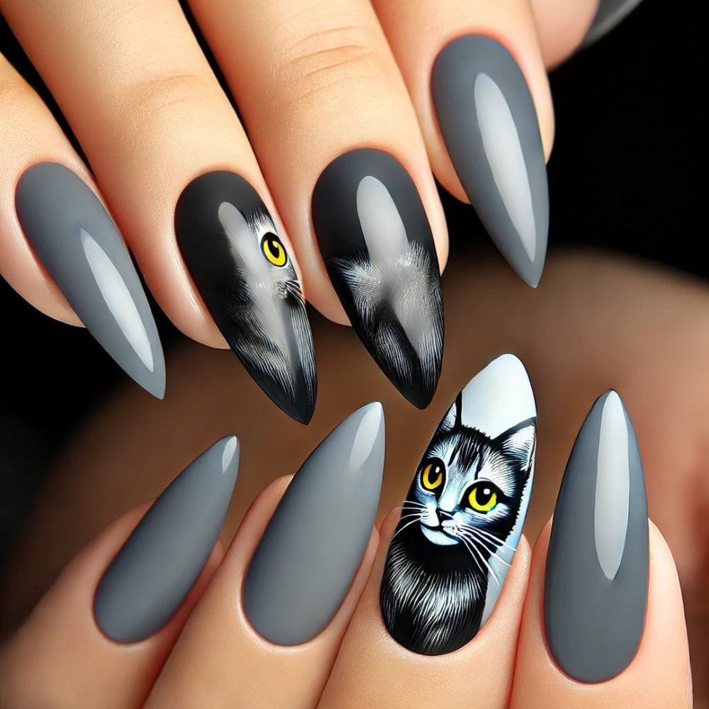 Gray Cat Design Stiletto Press-On Nails – Long Artistic Glue-On Acrylic Set