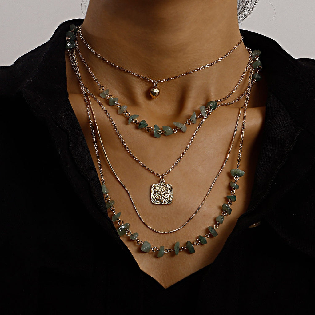 Vintage Turquoise Heart Pendant Necklace – Multi-Layer Chain Jewelry for Women