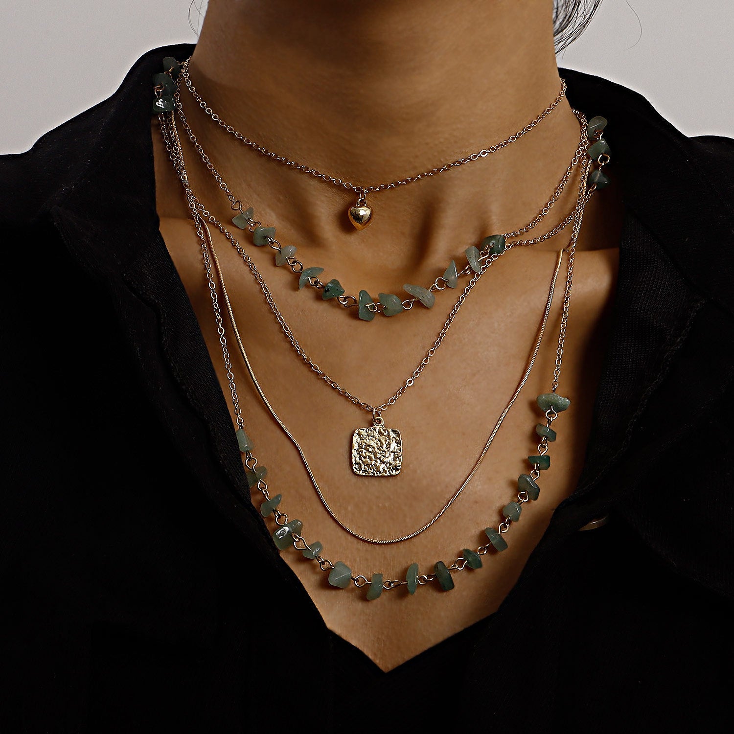 Vintage Turquoise Heart Pendant Necklace – Multi-Layer Chain Jewelry for Women