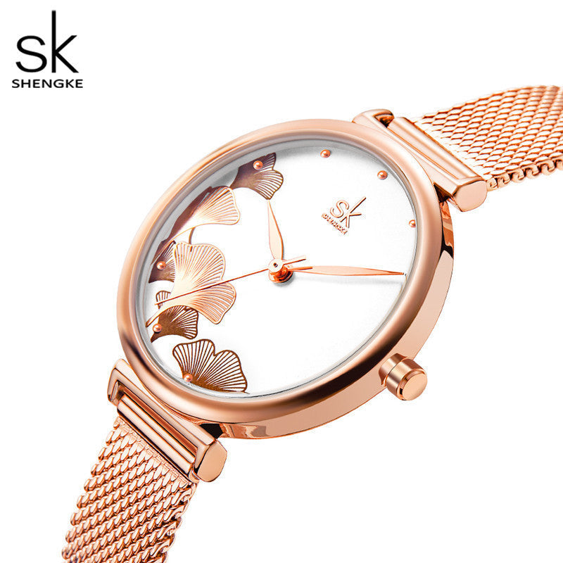 SK Women’s Quartz Watch – Ginkgo Leaf Dial, Steel Mesh & Leather Strap, 30M Waterproof