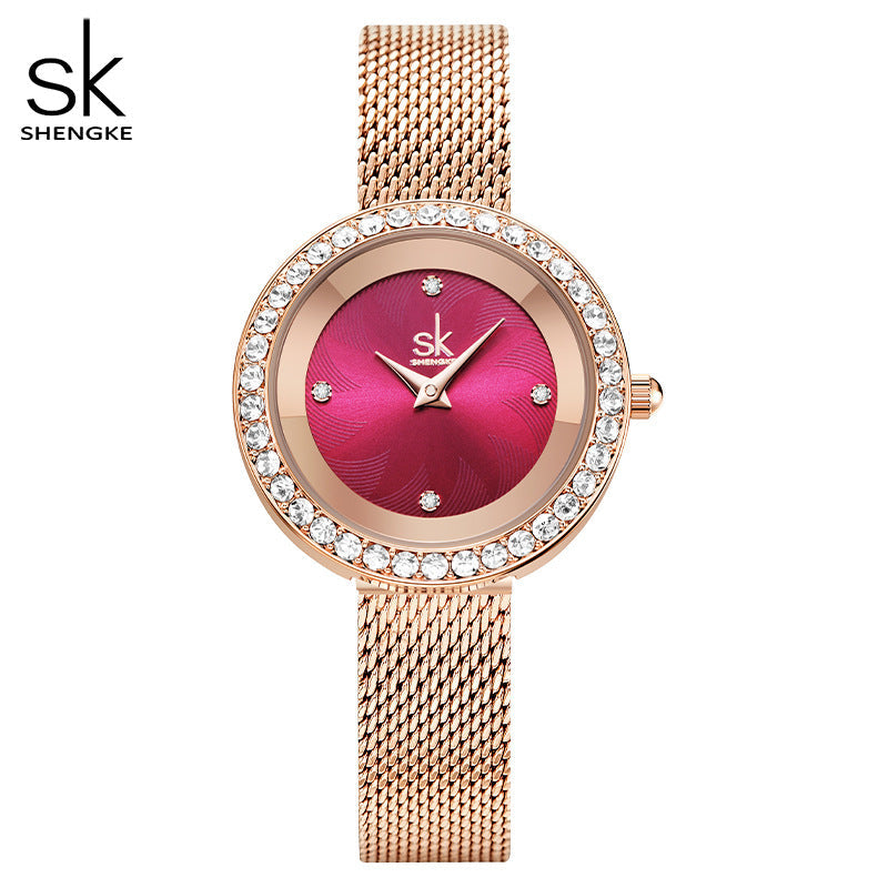 SK Women’s Diamond Quartz Watch – Luxury Mesh Strap, 30M Waterproof Wristwatch