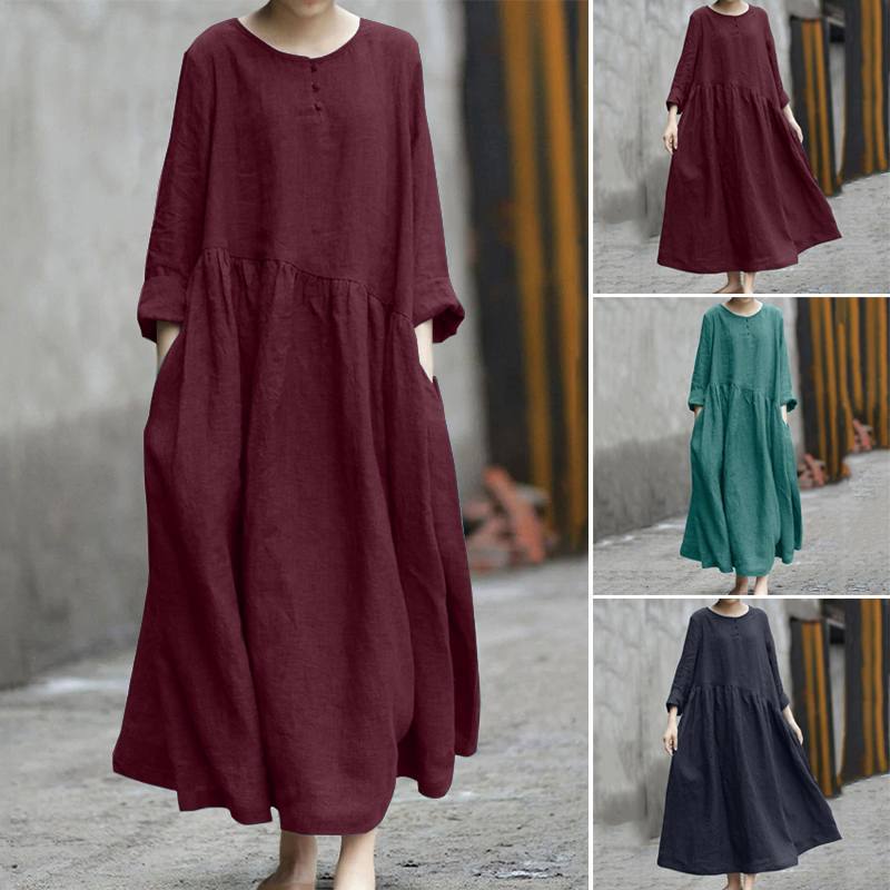 Women’s Cotton Linen Long Sleeve A-Line Dress – Irregular Splicing, Round Neck