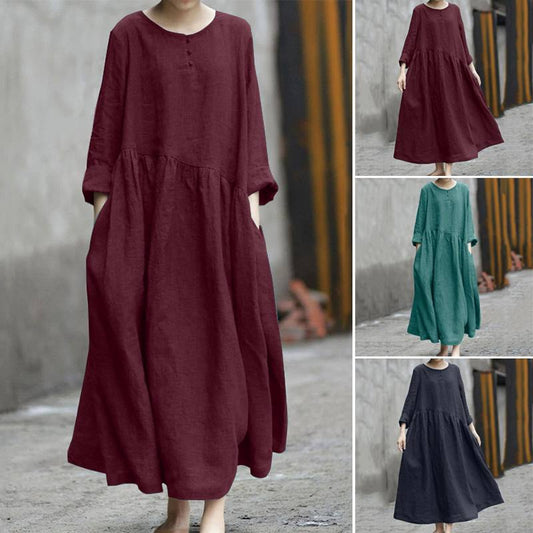 Women’s Cotton Linen Long Sleeve A-Line Dress – Irregular Splicing, Round Neck