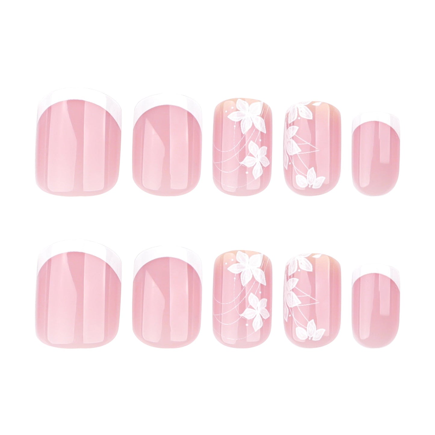 Elegant Floral French Tip Press-On Nails – Medium Square, Glue-On