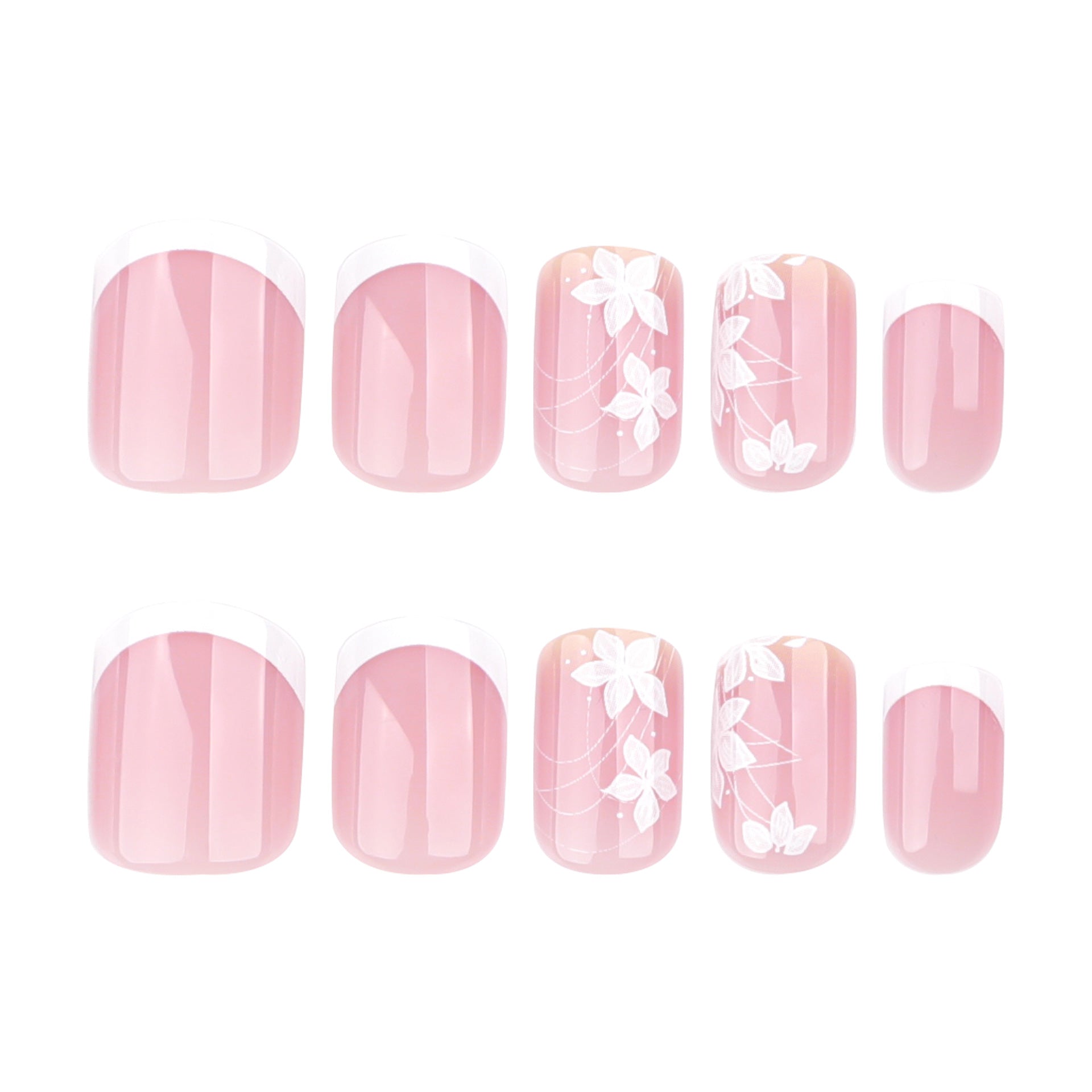Elegant Floral French Tip Press-On Nails – Medium Square, Glue-On