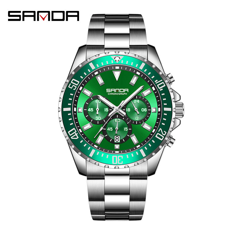 SANDA Luminous Men’s Quartz Watch – Stainless Steel Strap with Calendar & Chronograph