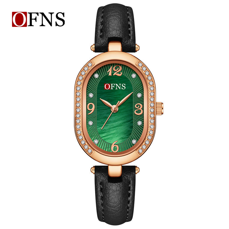 OFNS Diamond Oval Quartz Watch – Waterproof Watch for Women with Leather Strap