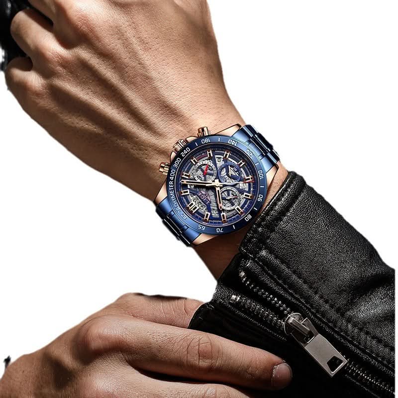 Men’s Skeleton Quartz Chronograph Watch – Stainless Steel Wristwatch