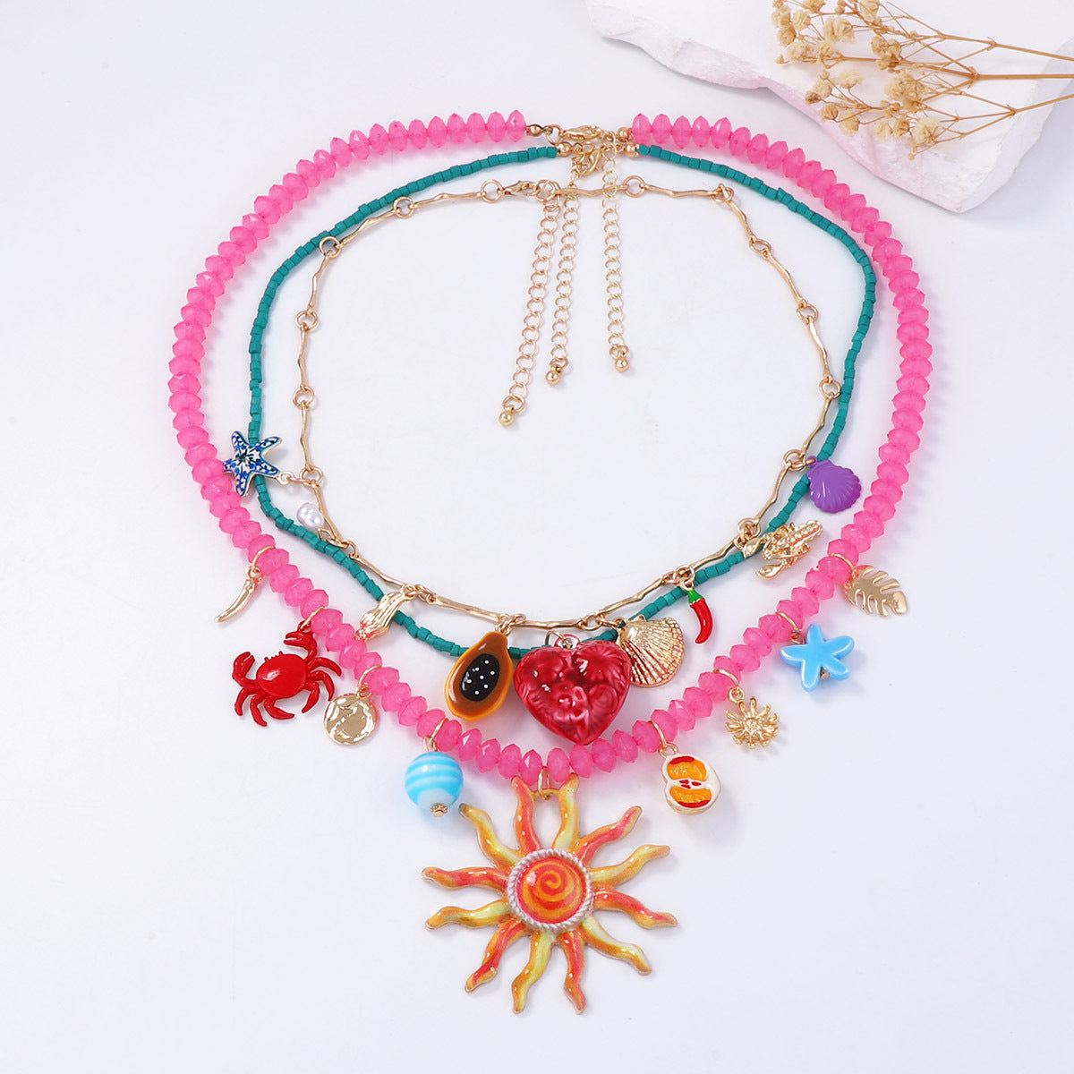 Colorful Sun Face Pendant Necklace – Multi-Layer Alloy Jewelry for Women