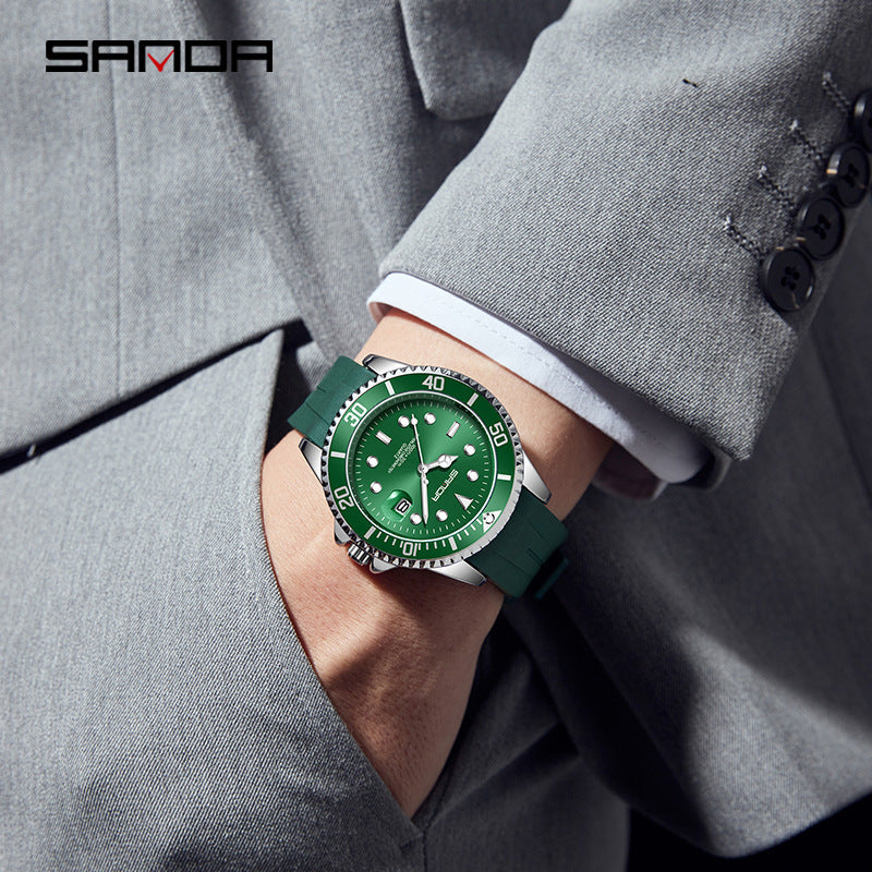 Sanda Men’s Quartz Watch with Calendar – Luminous Waterproof Silicone Wristwatch
