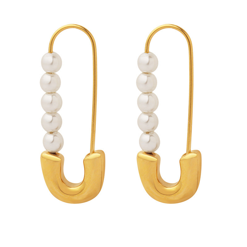 Retro Paper Clip Pearl Earrings for Women – Titanium Steel, Geometric