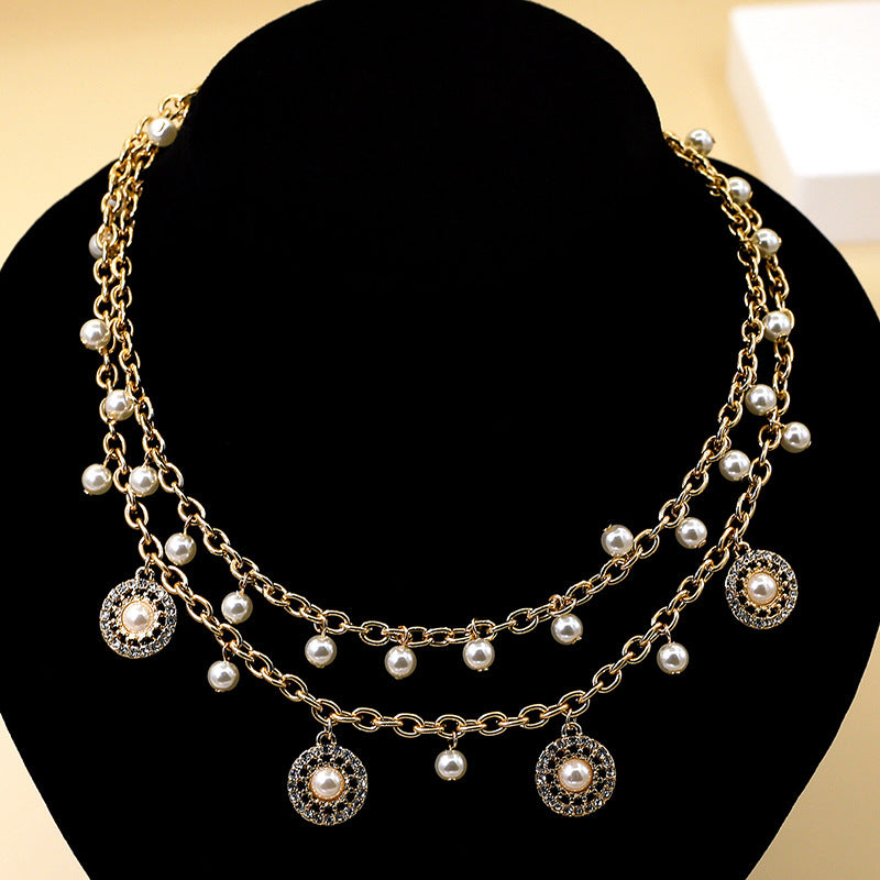 Double Pearl Tassel Necklace – Elegant Gold-Plated Pendant Chain for Women