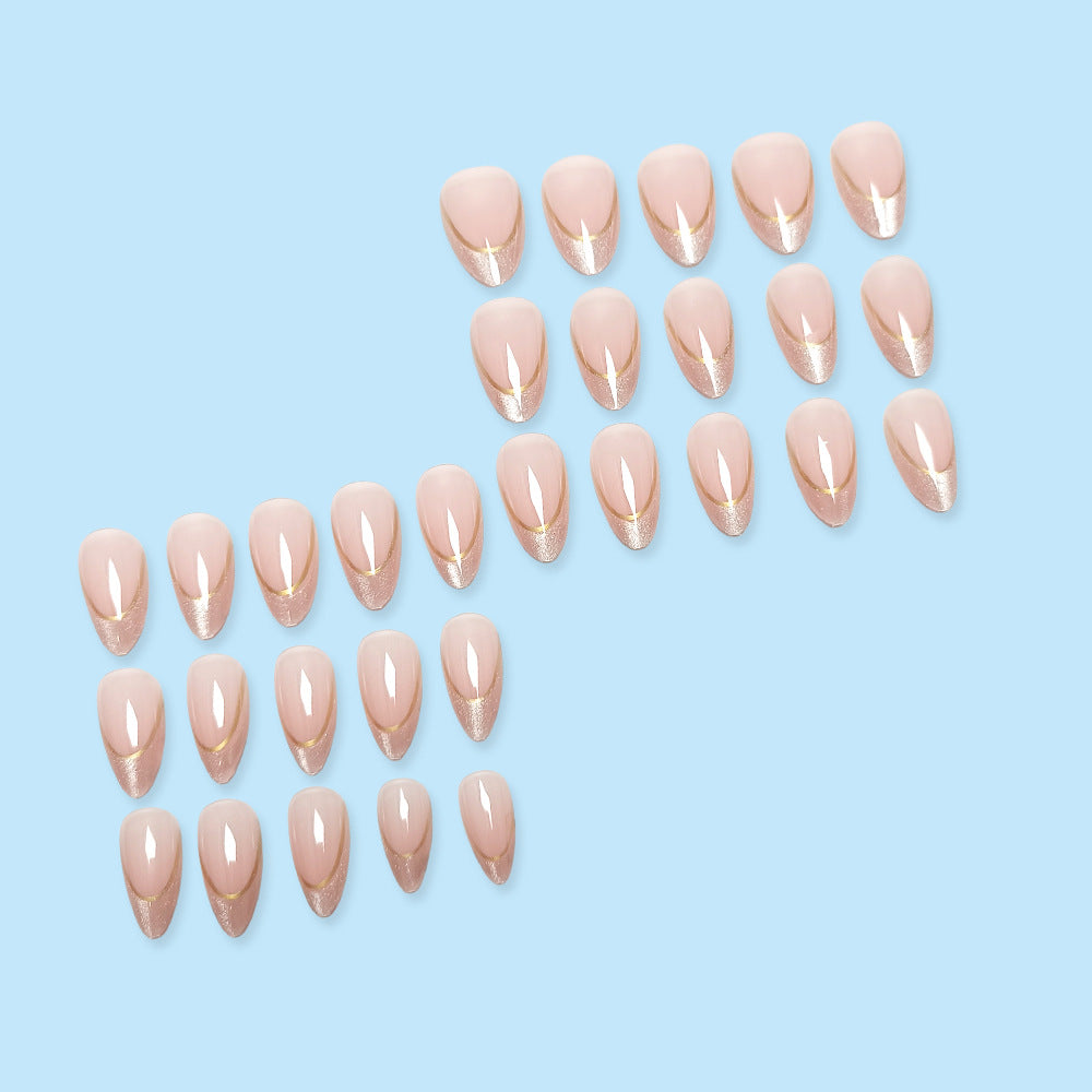 Gold Accent Press-On Nails – Medium Almond Acrylic Nail Set, Nude French Tips