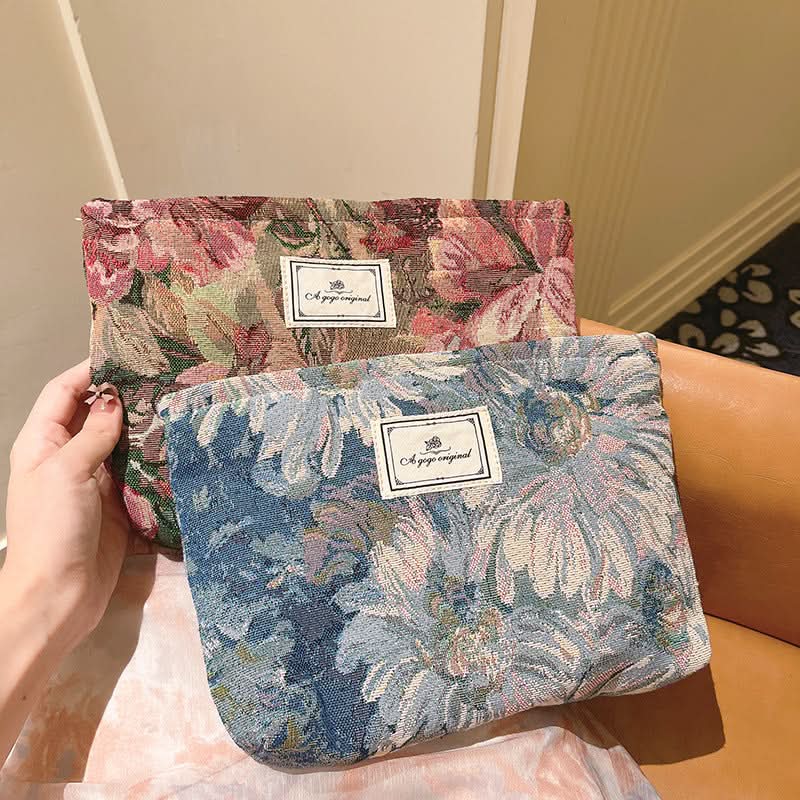 Retro Jacquard Cosmetic Bag – Thickened Travel Toiletry Pouch with Zipper
