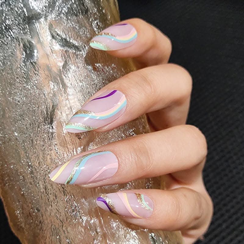 Multi-Color Ripple Shiny Gold Powder False Nails – 24-Piece Set