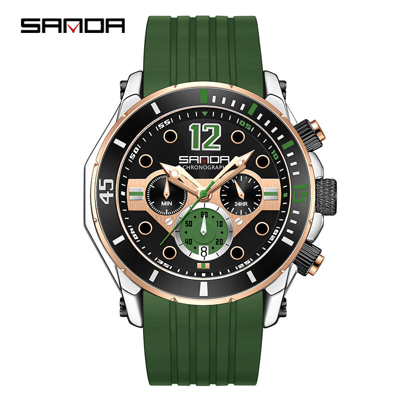 SANDA Luminous Men’s Quartz Watch – Silicone Strap with Calendar, 30M Waterproof