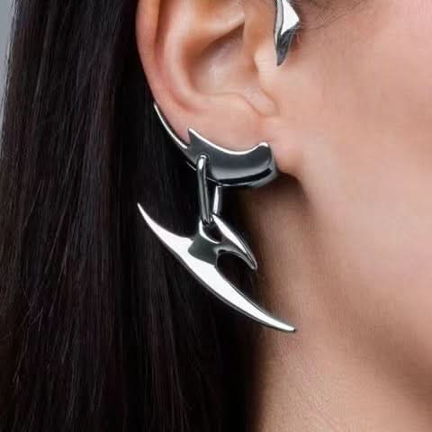 Silver Cyberpunk Hoop Earrings, Geometric Dagger Clip