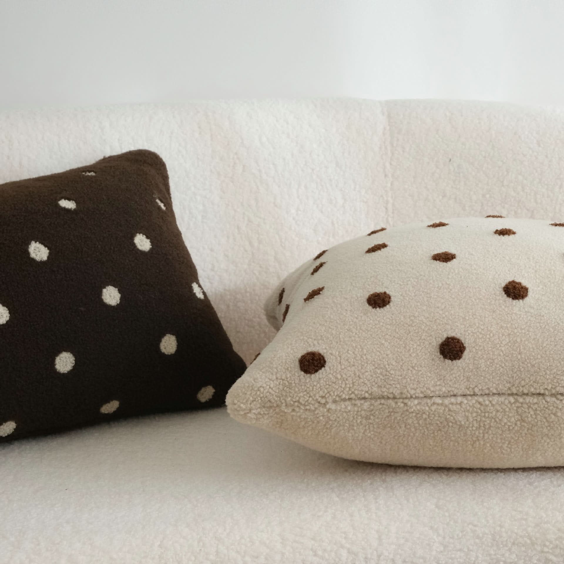 Contrast Color Polka Dot Milk Coffee Embroidery Pillow  Fleece Decorative Cushion