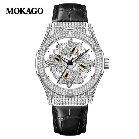 MOKAGO Women’s Quartz Watch – Diamond Hollow Dial, Leather Strap, Waterproof Timepiece