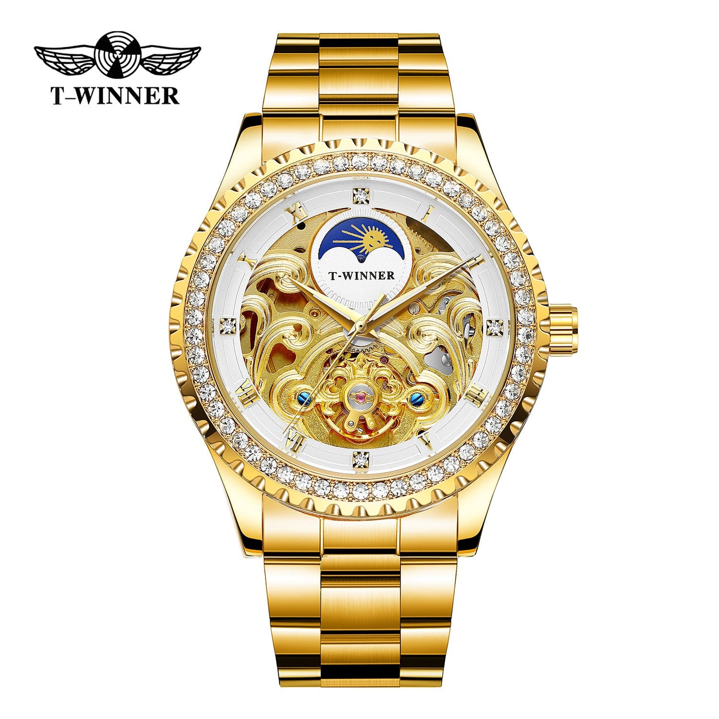 T-Winner Men’s Skeleton Automatic Mechanical Watch – Rhinestone Bezel, Fashion Timepiece