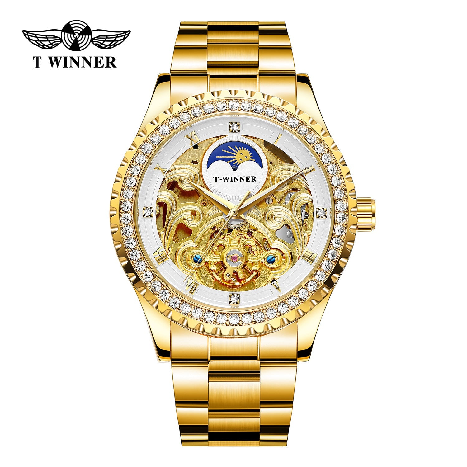 T-Winner Men’s Skeleton Automatic Mechanical Watch – Rhinestone Bezel, Fashion Timepiece