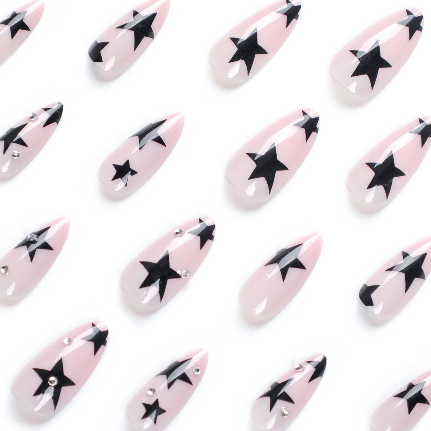 Pink and Black Coffin Press-On Nails – Glossy Rhinestone Star Design Set