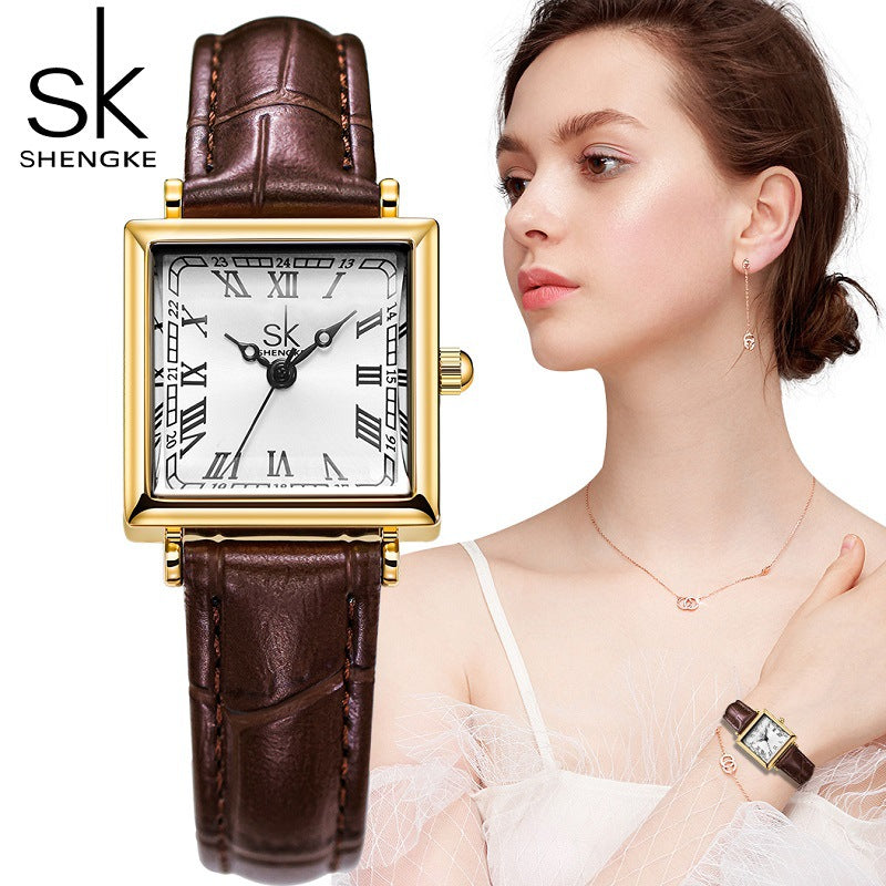 SK Women’s Square Quartz Watch – Classic Leather Strap, 30M Waterproof Fashion Watch