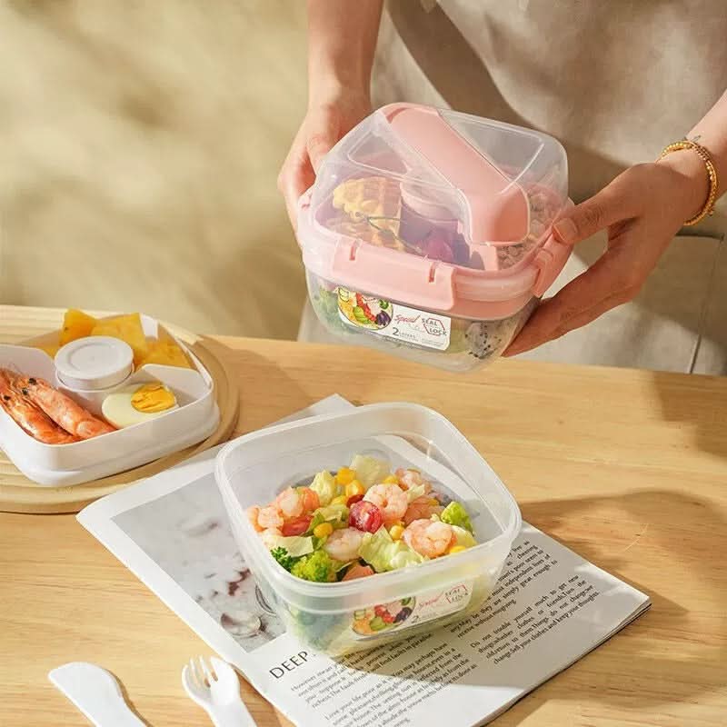 Double-Layer Square Lunch Box with Sauce Container – Microwave-Safe