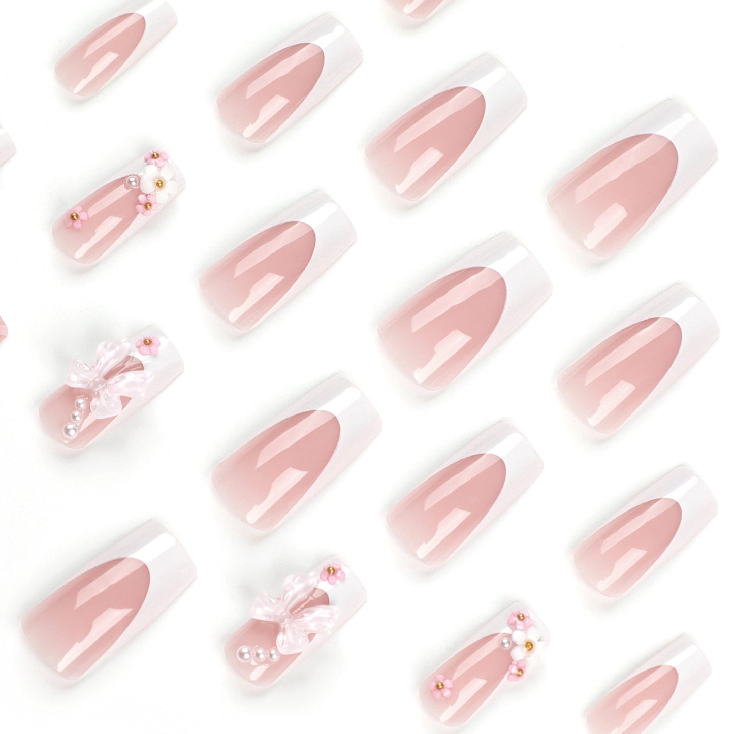 Cute Pink Coffin Press-On Nails – 3D Bow & Floral Design, Medium Length Nails