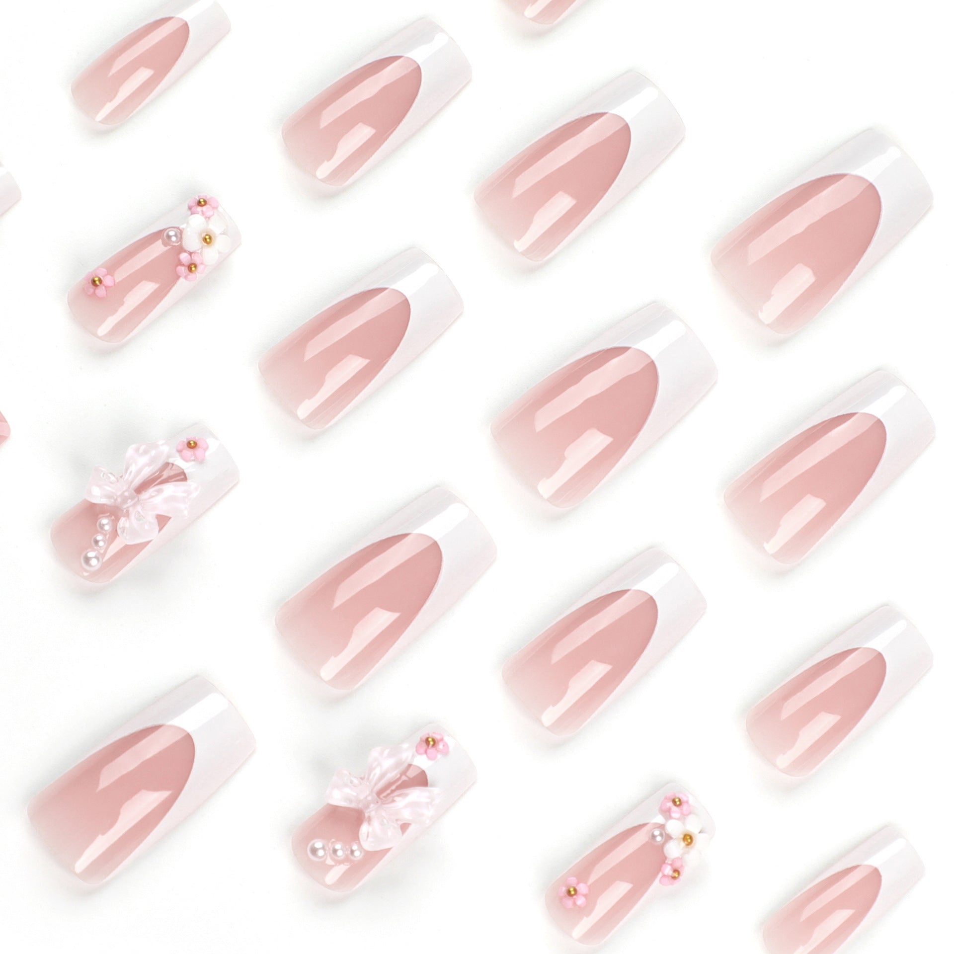 Cute Pink Coffin Press-On Nails – 3D Bow & Floral Design, Medium Length Nails