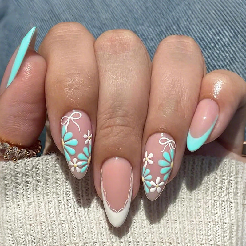 Cute Floral Almond Press-On Nails – Pastel Acrylic Nails with Bows
