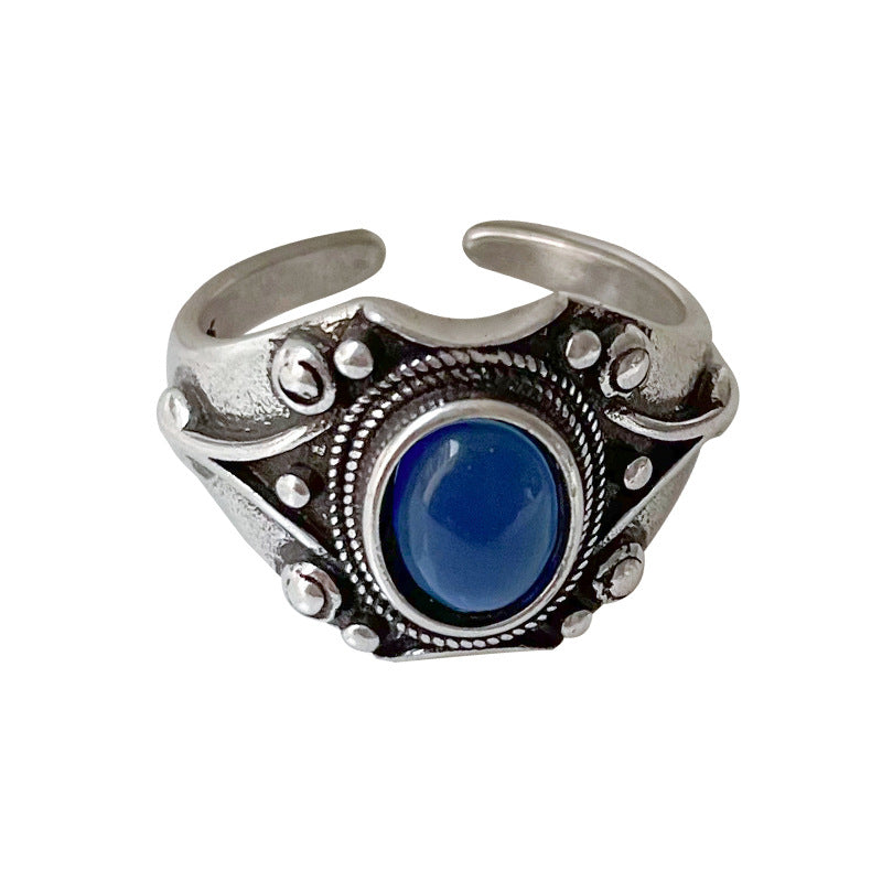 Blue Oval Antique Ring for Women – Adjustable French Retro Copper Statement Jewelry