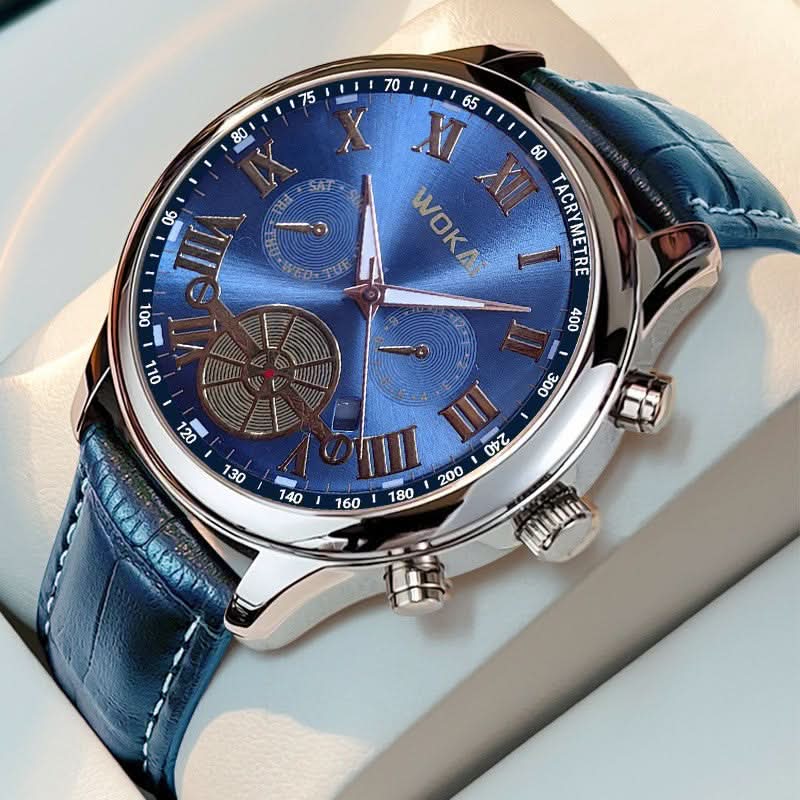 Men's Quartz Sports Watch with Blue Leather Strap