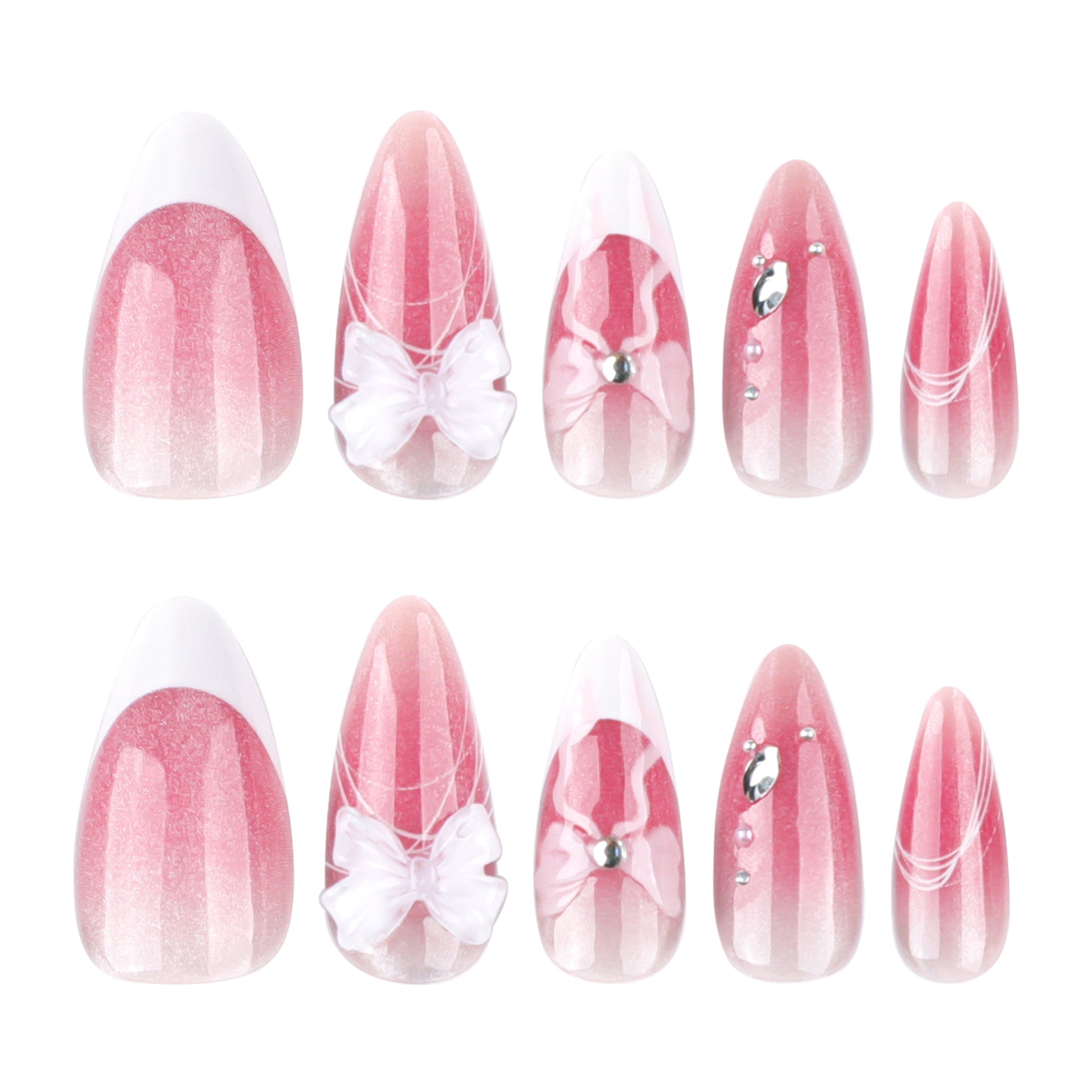 Cat Eye Gradient Press-On Nails – Medium Almond Pink Embellished French Bow Set
