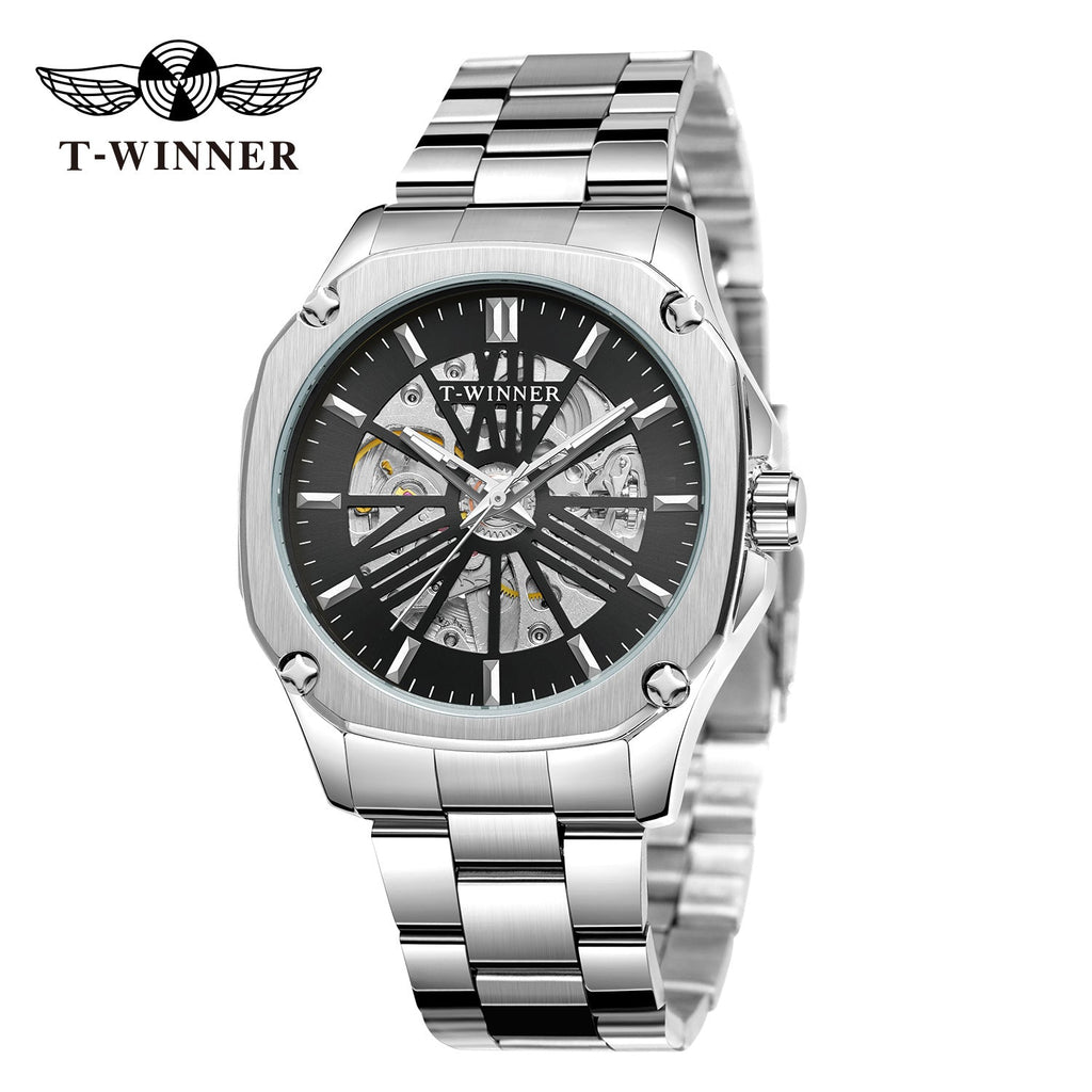 T-Winner Men’s Square Skeleton Automatic Mechanical Watch – Luminous Dial