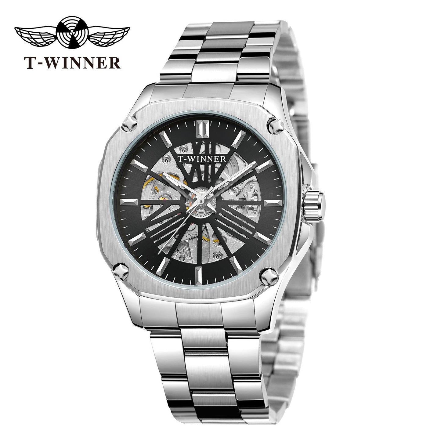T-Winner Men’s Square Skeleton Automatic Mechanical Watch – Luminous Dial