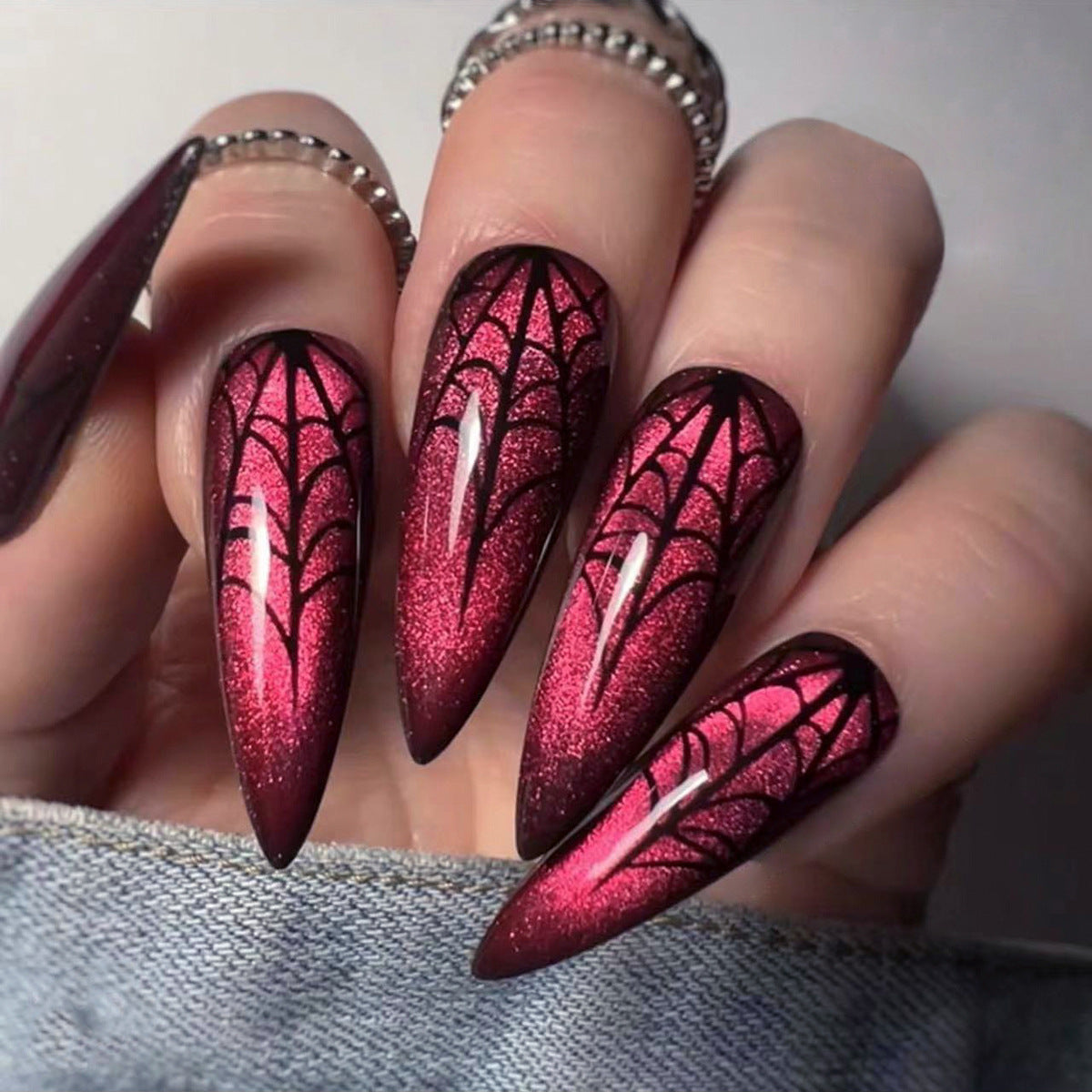 Red Cat Eye Halloween Press-On Nails – Long Stiletto Spider Web Design